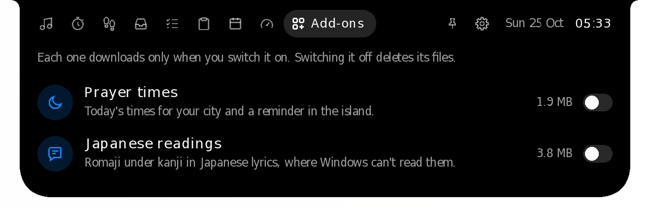 The Add-ons tab: Prayer times (1.9 MB) and Japanese readings (3.8 MB), each with its switch off