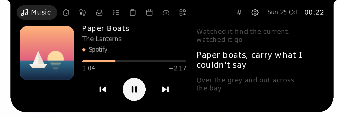 The open island: the Music page with synced lyrics