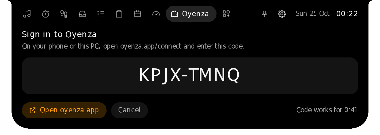Sign in to Oyenza: an 8-letter code to enter at oyenza.app/connect