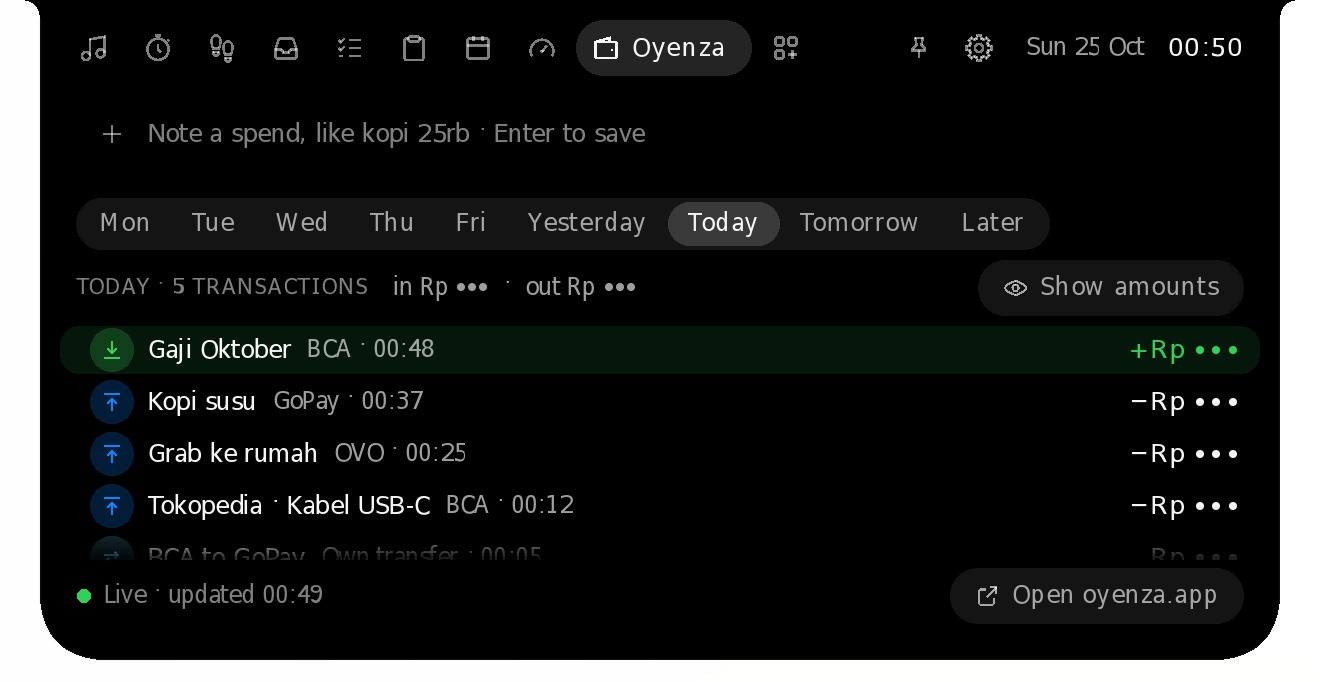 The Oyenza page: a strip of days and today's transactions, amounts hidden
