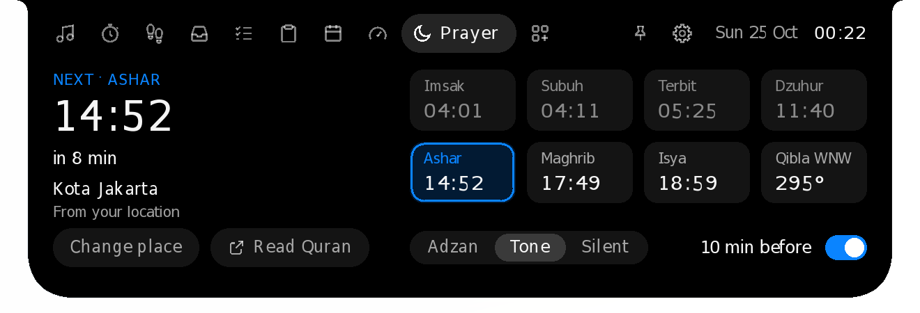 The Prayer tab: next Ashar at 14:52 in 8 minutes, Kota Jakarta, today's seven times with Ashar lit, the qibla, and Adzan, Tone or Silent
