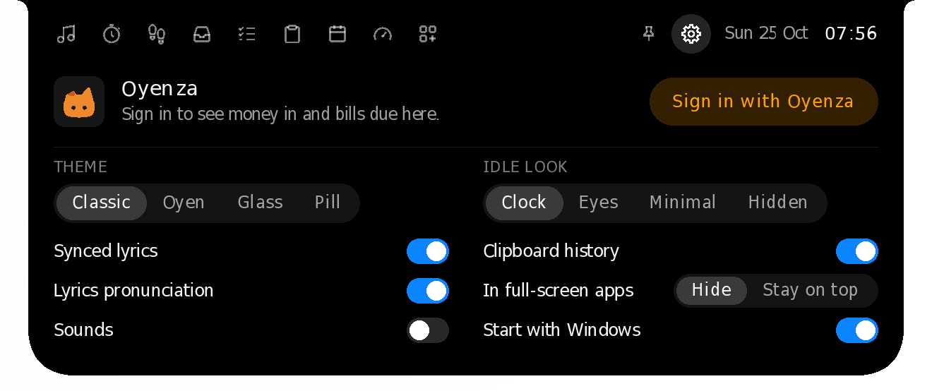 The Settings page: Sign in with Oyenza at the top, then the theme, the idle look, five switches and a Hide or Stay on top choice for full-screen apps