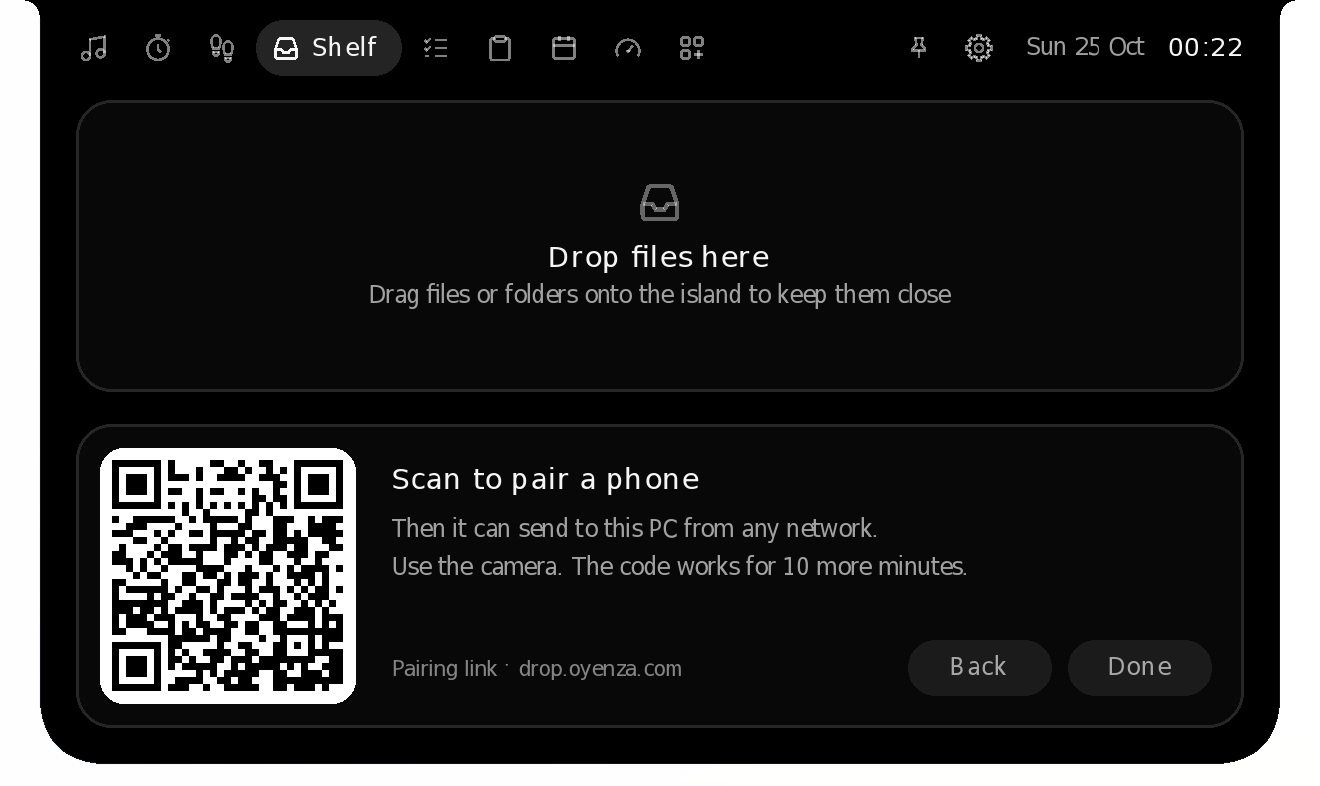 The Shelf with Pair a phone open: a QR code to scan once, then the phone can send to this PC from any network