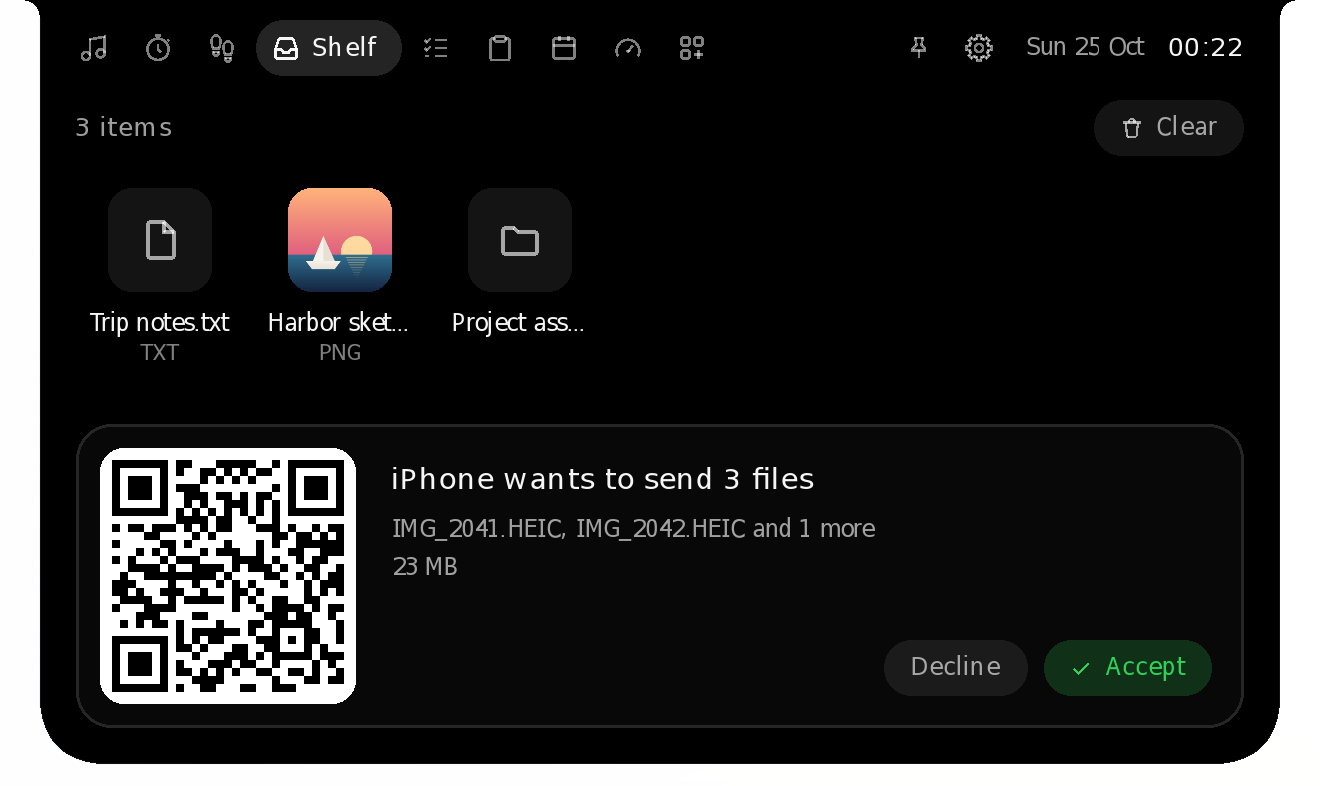 The Shelf with Phone drop open: iPhone wants to send 3 files, with Decline and Accept