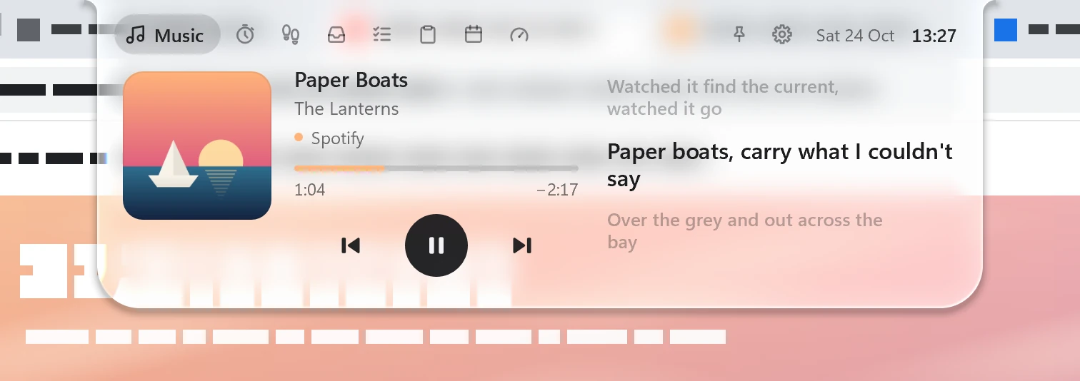 The Music page in the Glass theme over a bright web page, in light mode: frosted glass, with the page bending at the rim