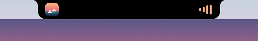 A MacBook's menu bar while music plays: the album art left of the camera notch, the equalizer on its right