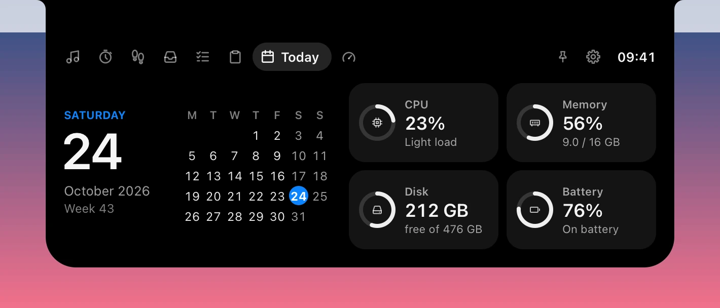 The Today page below the notch: the date and calendar beside CPU, memory, disk and battery