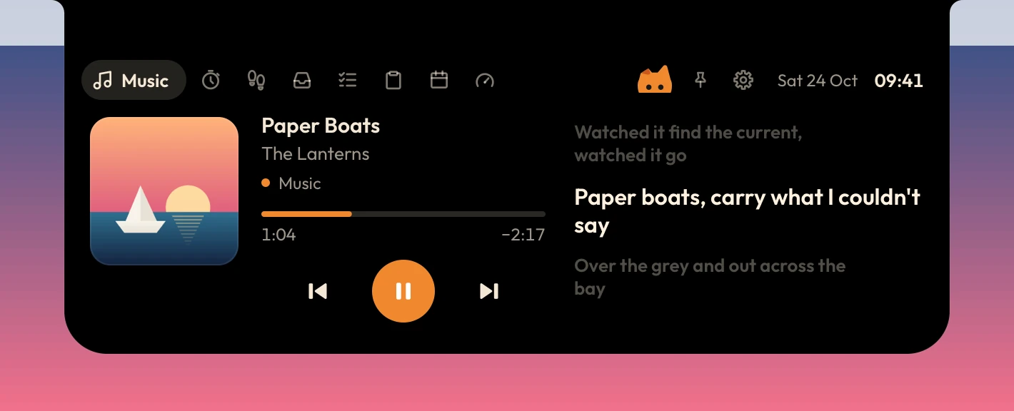The open island in the Oyen theme, black around the notch with cream type and an orange play button: the Music page with synced lyrics