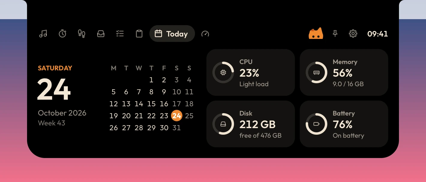 The Today page in the Oyen theme below the notch