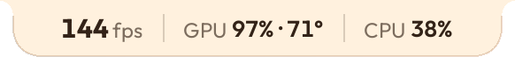 The readout over a game in the Oyen theme: 144 fps, GPU 97% at 71°, CPU 38%