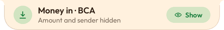 Money in at BCA, amount and sender hidden, in the Oyen theme