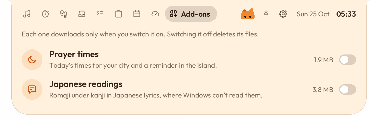 The Add-ons tab in the Oyen theme