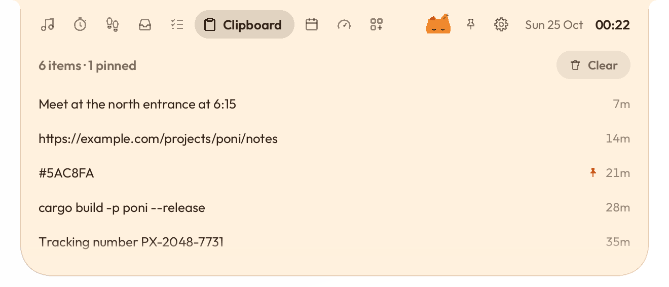 The Clipboard page in the Oyen theme