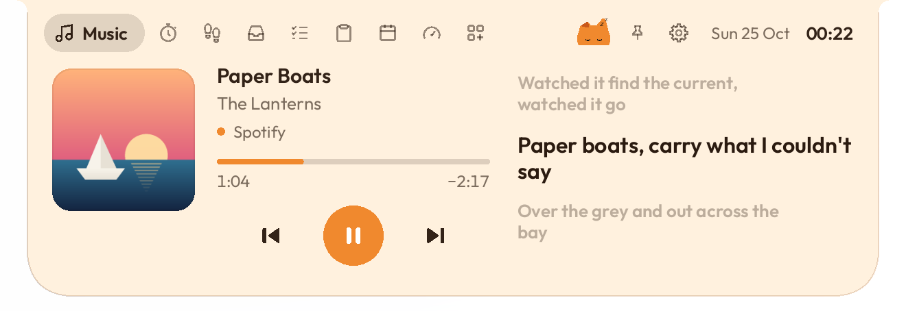 The open island in the Oyen theme: the Music page with synced lyrics