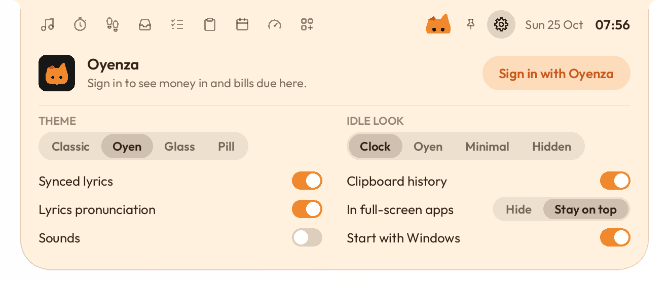 In full-screen apps set to Stay on top, in the Oyen theme