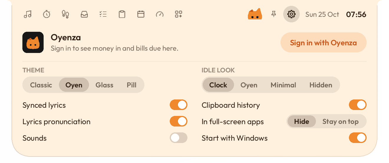 The Settings page in the Oyen theme