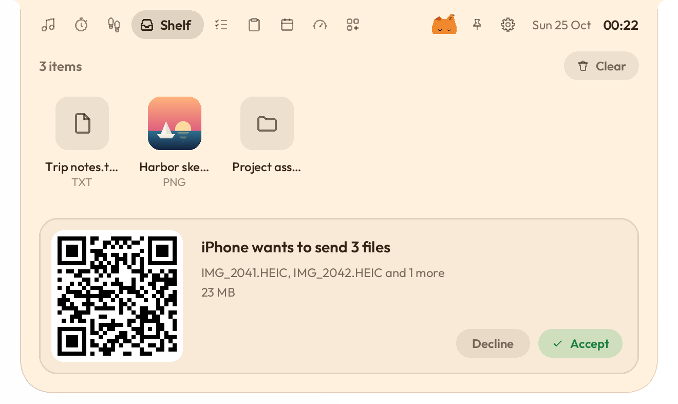Phone drop asking to accept 3 files from an iPhone, in the Oyen theme