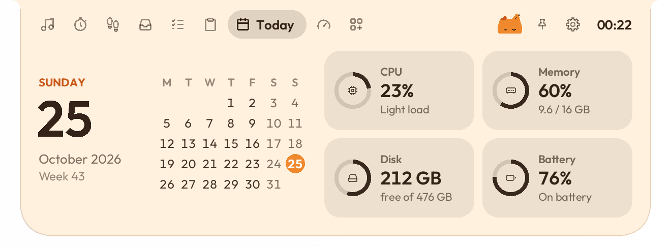 The Today page in the Oyen theme: a cream island, brown text, today's date in Oyen's orange, and Oyen peeking up beside the pin
