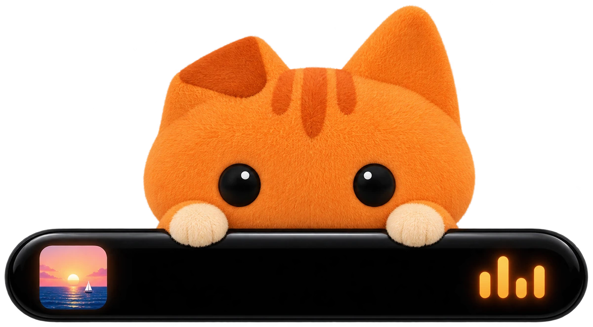 Oyen, an orange plush cat, peeking over the island while a song plays